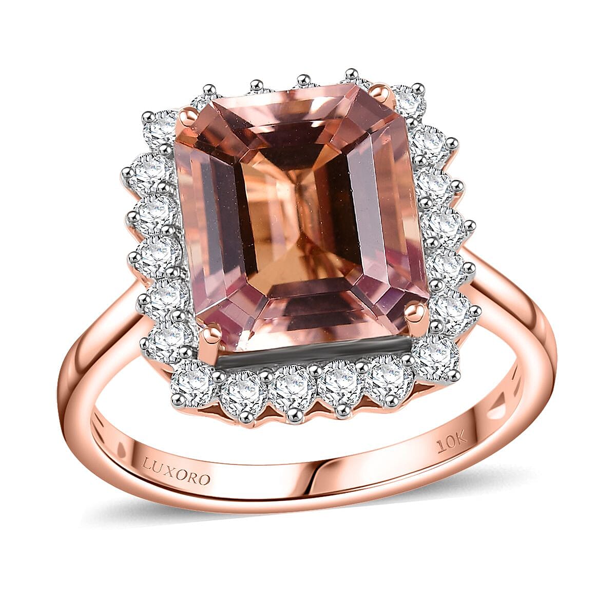 Certified & Appraised Luxoro AAA Marropino Morganite and G-H I2 Diamond 6.43 ctw Ring in 10K Rose Gold (Size 8.0) (Del. in 10-15 Days) image number 0