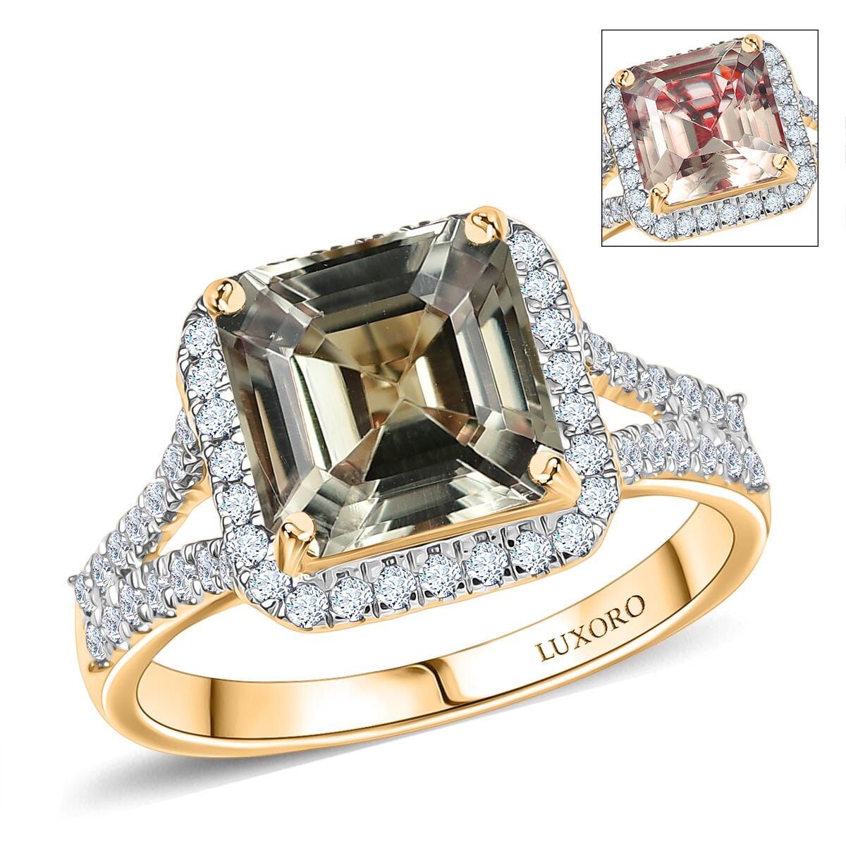Certified & Appraised Luxoro AAA Asscher Cut Turkizite and G-H I2 Diamond 4.68 ctw Ring in 14K Yellow Gold (Size 10.0) 4.15 Grams (Del. in 10-15 Days) image number 0