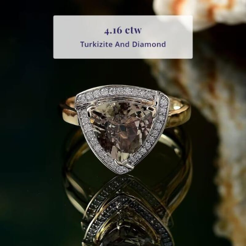 Certified & Appraised Luxoro AAA Turkizite and G-H I2 Diamond 4.16 ctw Ring in 14K Yellow Gold (Size 7.0) 4.32 Grams