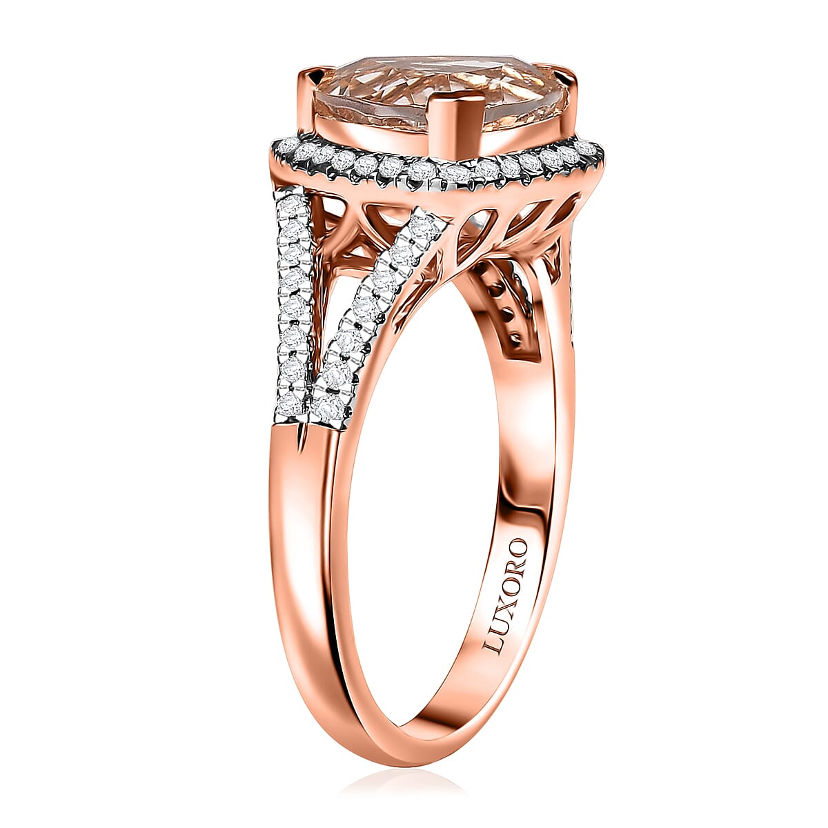 Certified & Appraised Luxoro AAA Marropino Morganite and G-H I2 Diamond 3.50 ctw Ring in 10K Rose Gold (Size 9.0) 4.20 Grams (Del. in 10-15 Days)  image number 2