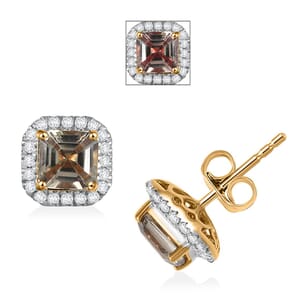 Certified & Appraised Luxoro AAA Asscher Cut Turkizite and G-H I2 Diamond 3.00 ctw Halo Stud Earrings in 14K Yellow Gold (Del. in 10-15 Days)