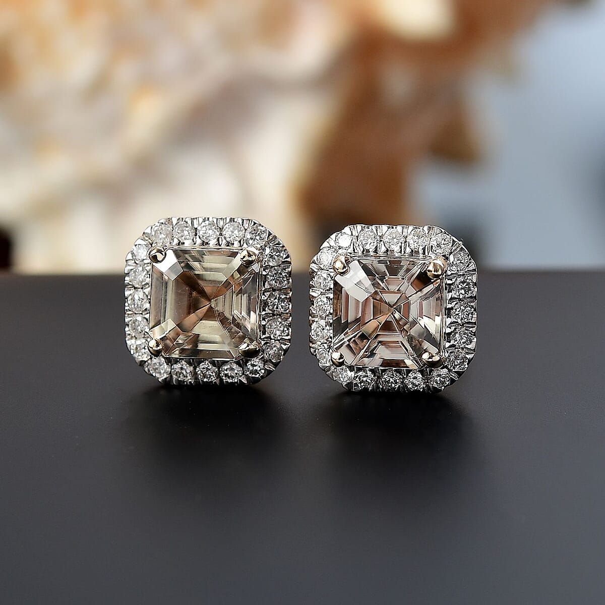 Certified & Appraised Luxoro AAA Asscher Cut Turkizite and G-H I2 Diamond 3.00 ctw Halo Stud Earrings in 14K Yellow Gold (Del. in 10-15 Days) image number 1