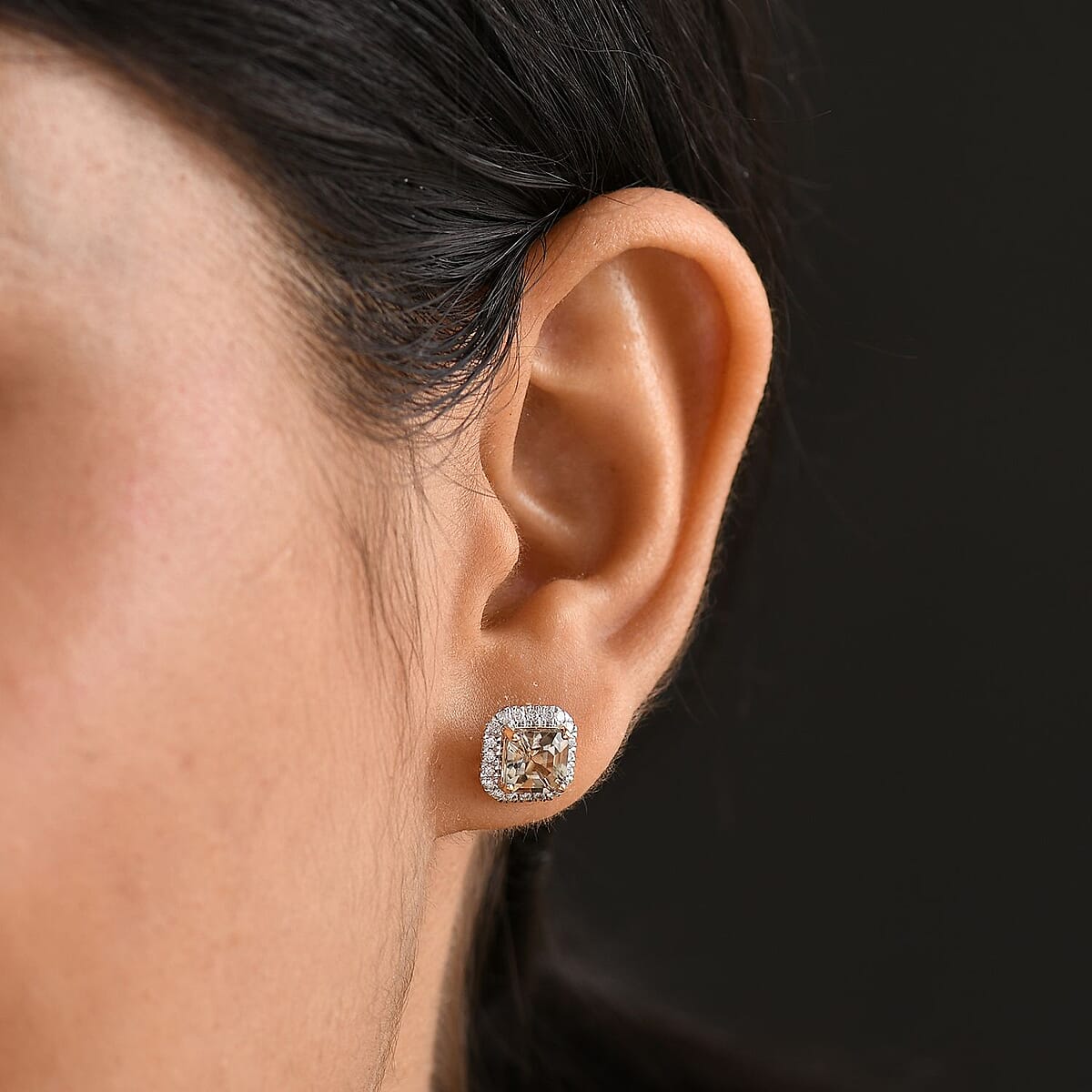 Certified & Appraised Luxoro AAA Asscher Cut Turkizite and G-H I2 Diamond 3.00 ctw Halo Stud Earrings in 14K Yellow Gold (Del. in 10-15 Days) image number 2