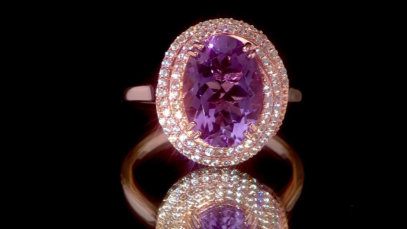 AAA Rose De France Amethyst and White Zircon 6.25 ctw Ring in Vermeil Rose Gold Over Sterling Silver