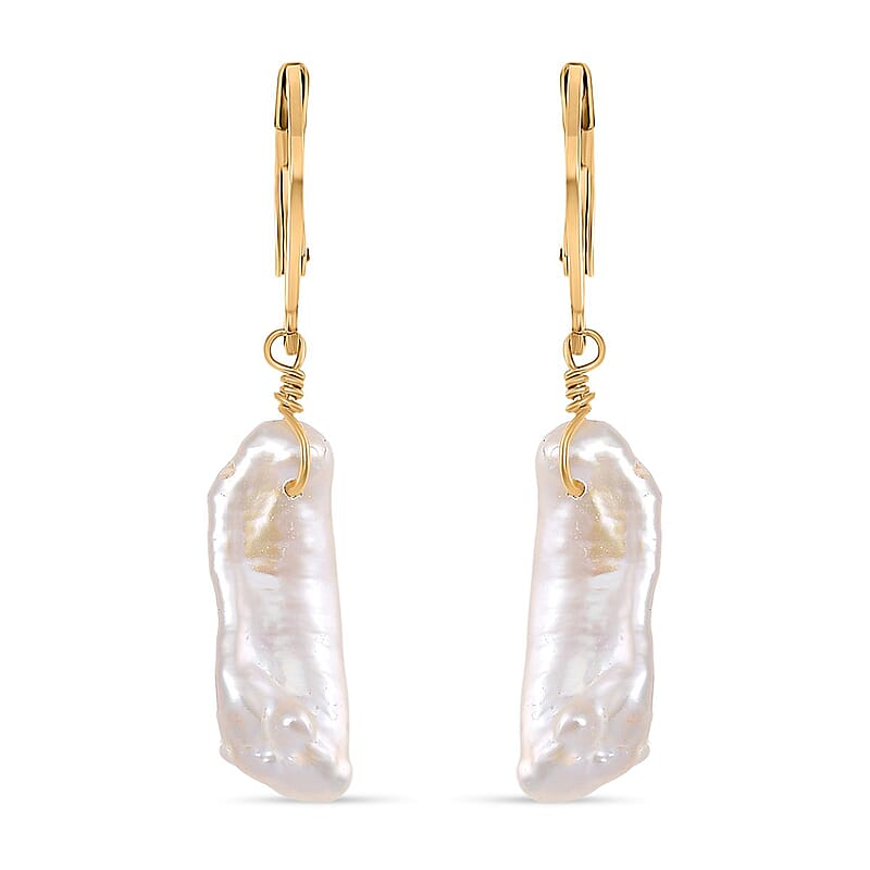 White Keshi Pearl Earrings in 14K Yellow Gold Over Stainless Steel