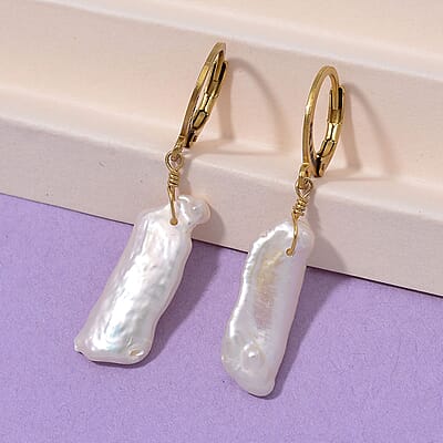 White Keshi Pearl Earrings in 14K Yellow Gold Over Stainless Steel