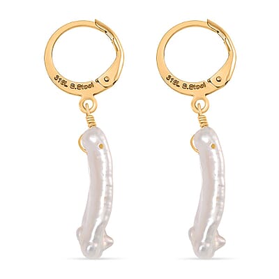 White Keshi Pearl Earrings in 14K Yellow Gold Over Stainless Steel