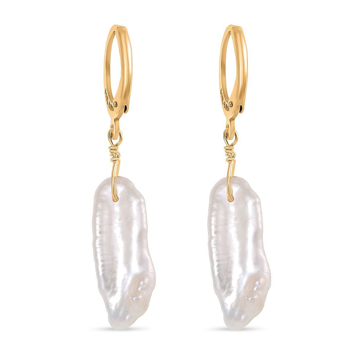 White Keshi Pearl Earrings in 14K Yellow Gold Over Stainless Steel