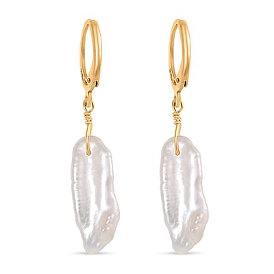 White Keshi Pearl Earrings in 14K Yellow Gold Over Stainless Steel