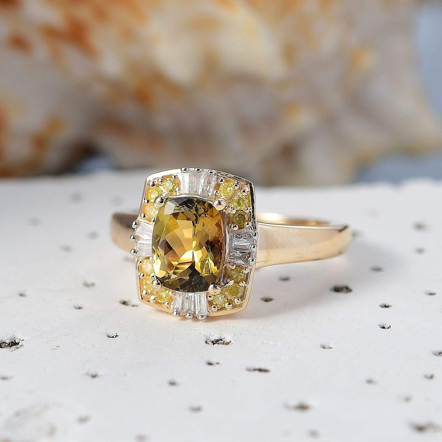 Premium Golden Tanzanite, Natural Yellow and White Diamond G-H I3 1.60 ctw Ring in 9K Yellow Gold (Size 9.0)