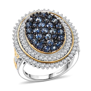 D'Joy Ceylon Blue Sapphire and Moissanite 2.25 ctw Art Nouveau Ring in 18K Vermeil YG and Rhodium Over Sterling Silver (Size 6.0)