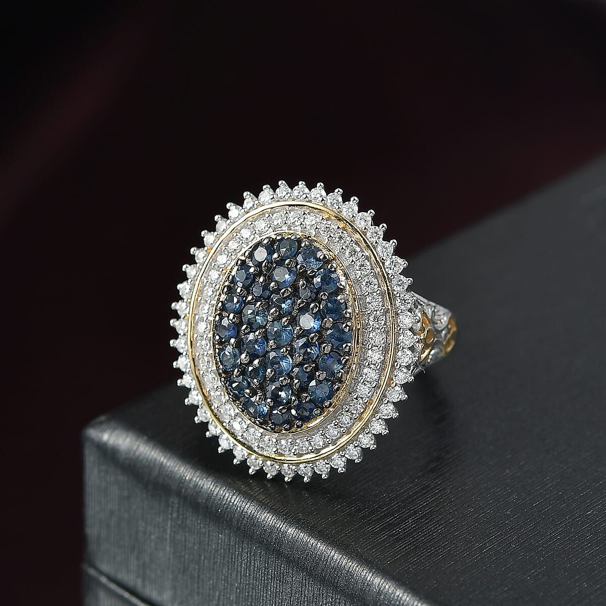 D'Joy Ceylon Blue Sapphire and Moissanite 2.25 ctw Art Nouveau Ring in 18K Vermeil YG and Rhodium Over Sterling Silver (Size 6.0) image number 1