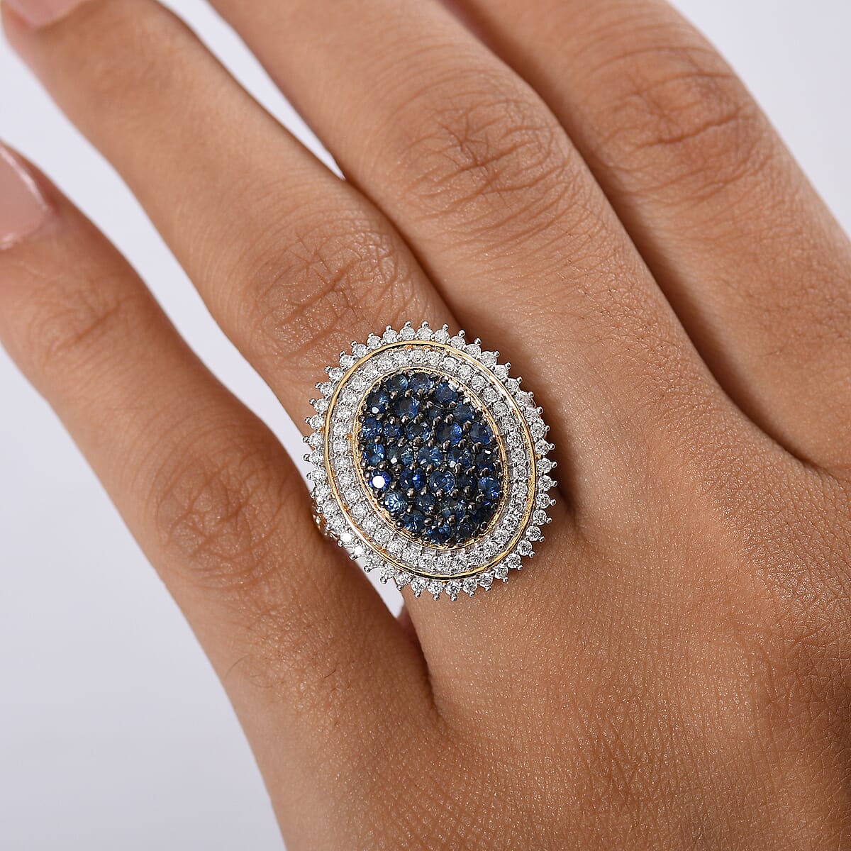 D'Joy Ceylon Blue Sapphire and Moissanite 2.25 ctw Art Nouveau Ring in 18K Vermeil YG and Rhodium Over Sterling Silver (Size 8.0) image number 2