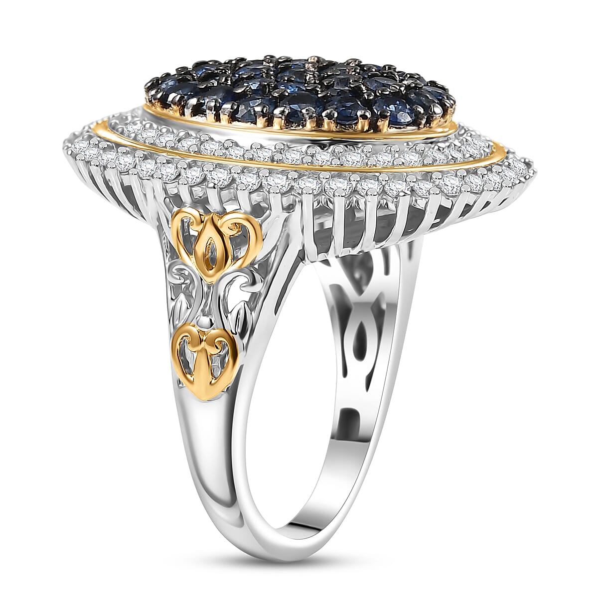 D'Joy Ceylon Blue Sapphire and Moissanite 2.25 ctw Art Nouveau Ring in 18K Vermeil YG and Rhodium Over Sterling Silver (Size 8.0) image number 3