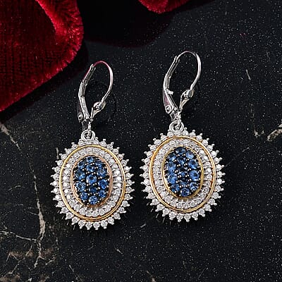 D'Joy Ceylon Sapphire and Moissanite 2.65 ctw Art Nouveau Earrings in 18K Vermeil YG and Rhodium Over Sterling Silver