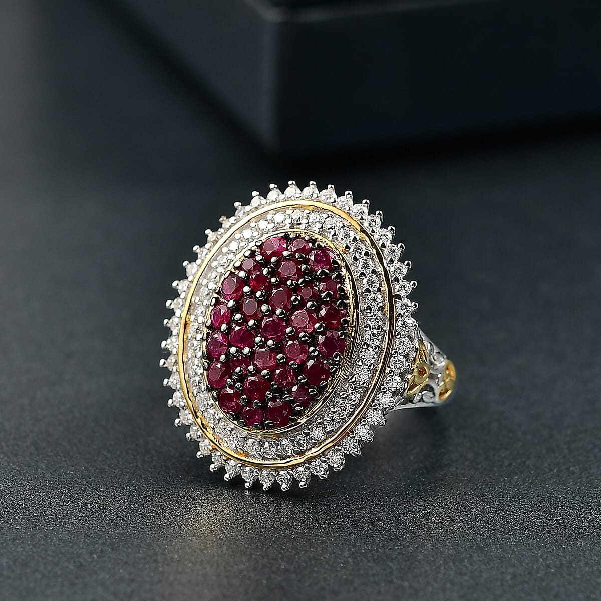 D'Joy Mozambique Ruby and Moissanite 2.30 ctw Ring in 18K Vermeil YG and Rhodium Over Sterling Silver (Size 10.0) image number 1