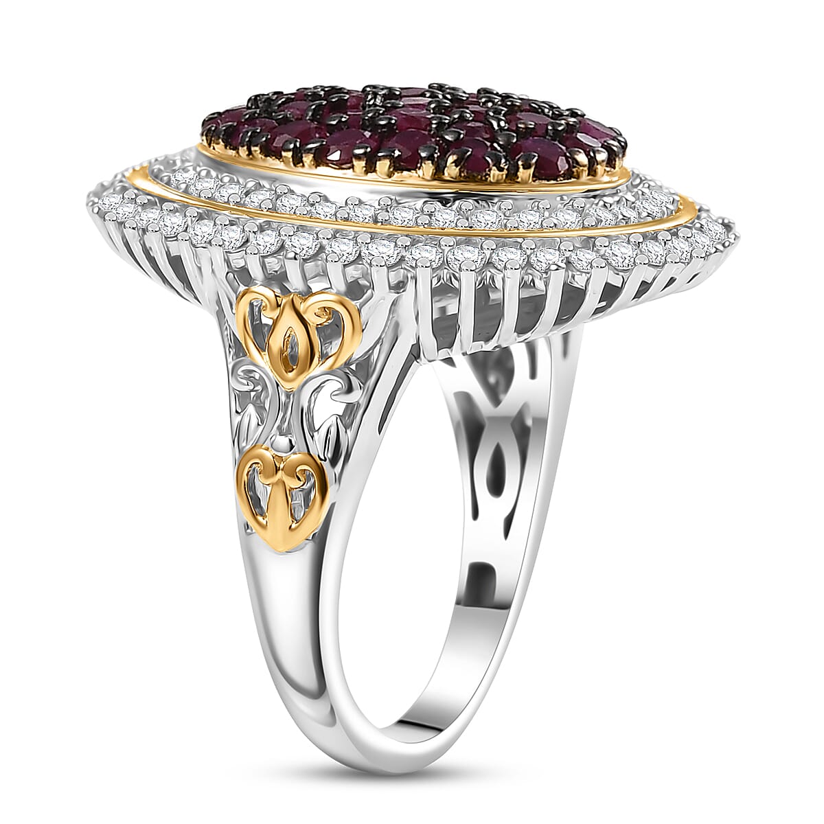 D'Joy Mozambique Ruby and Moissanite 2.30 ctw Art Nouveau Ring in 18K Vermeil YG and Rhodium Over Sterling Silver (Size 5.0) image number 3