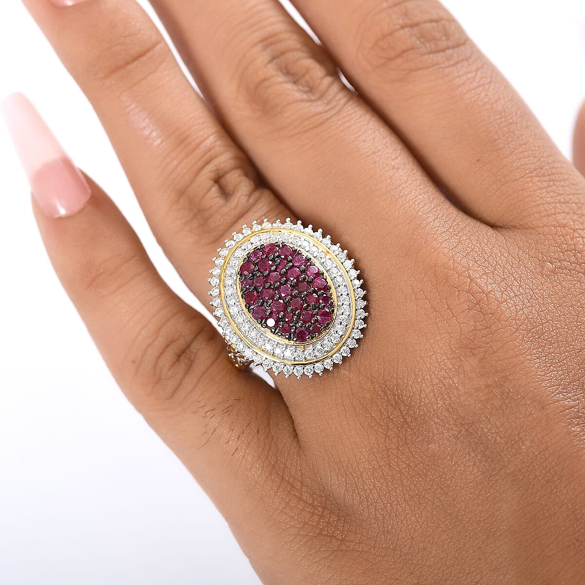 D'Joy Mozambique Ruby and Moissanite 2.30 ctw Art Nouveau Ring in 18K Vermeil YG and Rhodium Over Sterling Silver (Size 9.0) image number 2