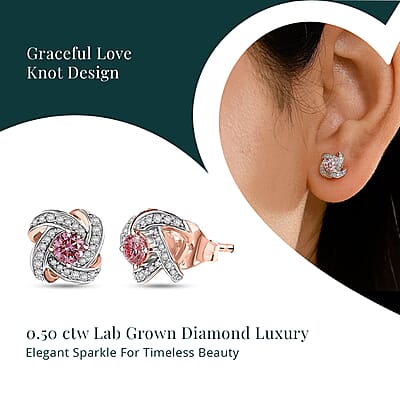 Luxuriant Lab Grown Pink Diamond VS and Lab Grown Diamond 0.50 ctw Love Knot Earrings in 18K Vermeil Rose Gold Over Sterling Silver