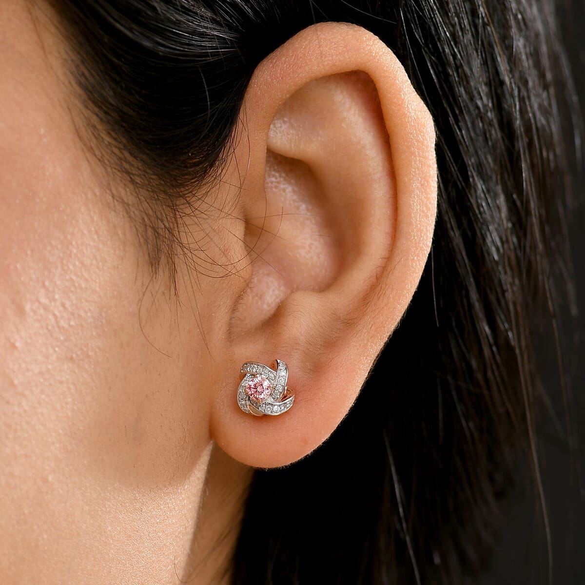 Luxuriant Lab Grown Pink Diamond VS and Lab Grown Diamond 0.50 ctw Love Knot Earrings in 18K Vermeil Rose Gold Over Sterling Silver  image number 2