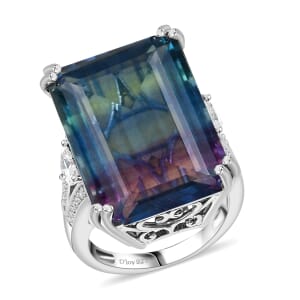D'Joy Bi Color Fluorite and Moissanite 36.90 ctw Art Deco Ring in Rhodium Over Sterling Silver (Size 10.0)
