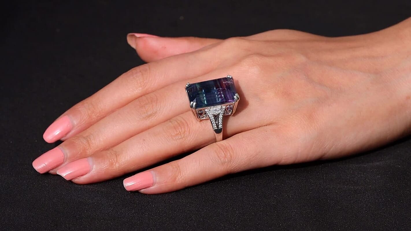 D'Joy Bi Color Fluorite and Moissanite 36.90 ctw Art Deco Ring in Rhodium Over Sterling Silver (Del. in 10-12 Days)