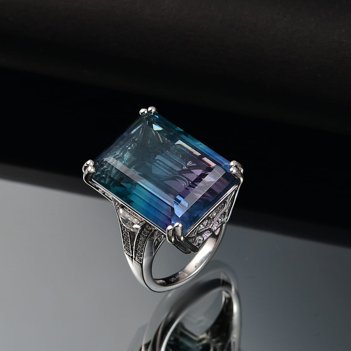 D'Joy Bi Color Fluorite and Moissanite 36.90 ctw Art Deco Ring in Rhodium Over Sterling Silver (Size 10.0) image number 1
