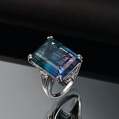 D'Joy Bi Color Fluorite and Moissanite 36.90 ctw Art Deco Ring in Rhodium Over Sterling Silver (Size 10.0)