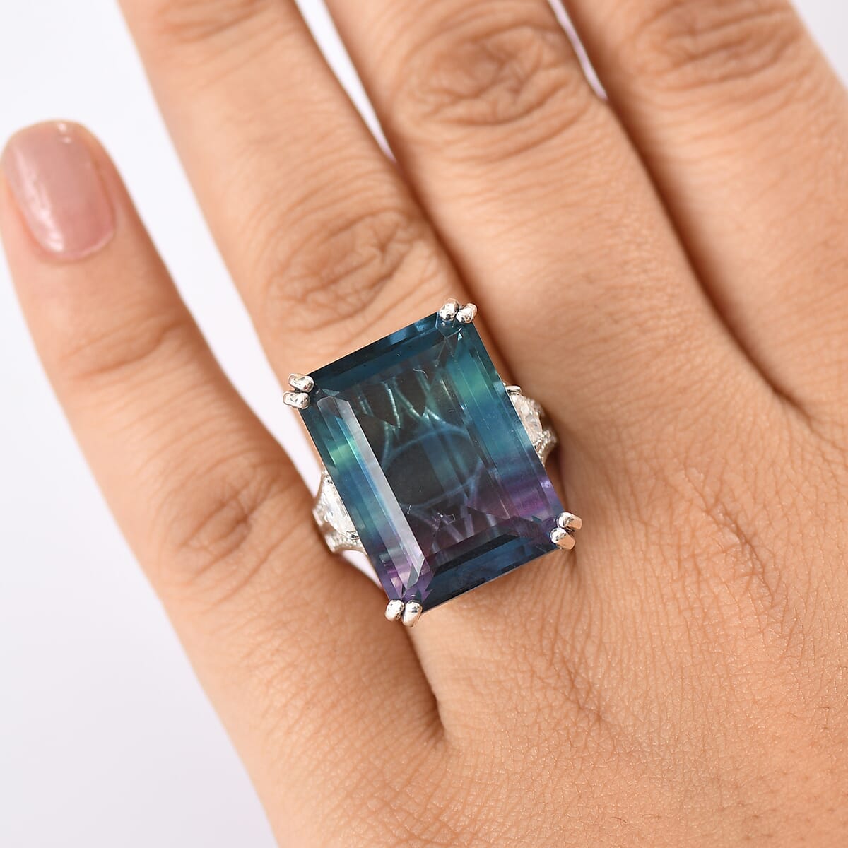D'Joy Bi Color Fluorite and Moissanite 36.90 ctw Art Deco Ring in Rhodium Over Sterling Silver (Size 10.0) image number 2