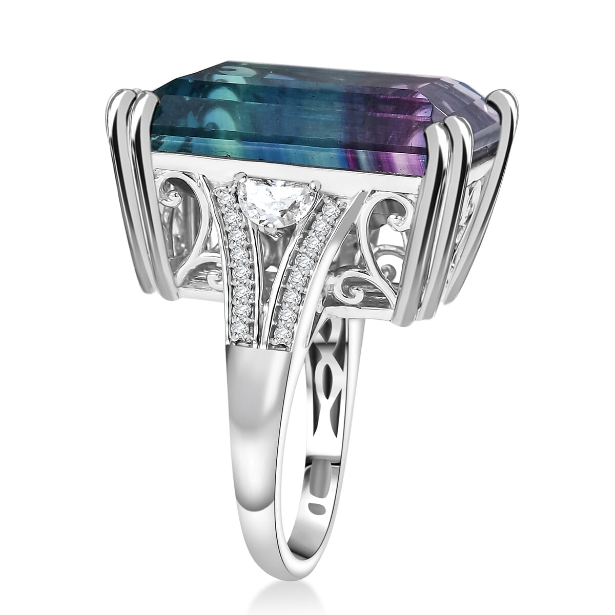 D'Joy Bi Color Fluorite and Moissanite 36.90 ctw Art Deco Ring in Rhodium Over Sterling Silver (Size 10.0) image number 3