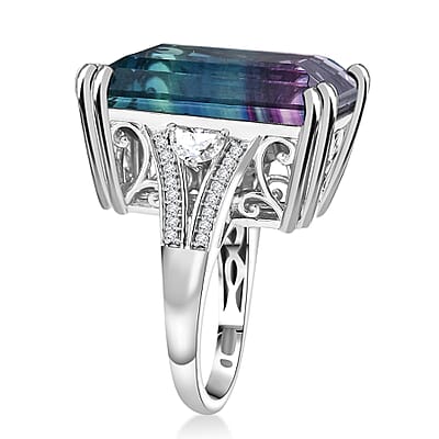 D'Joy Bi Color Fluorite and Moissanite 36.90 ctw Art Deco Ring in Rhodium Over Sterling Silver (Size 10.0)