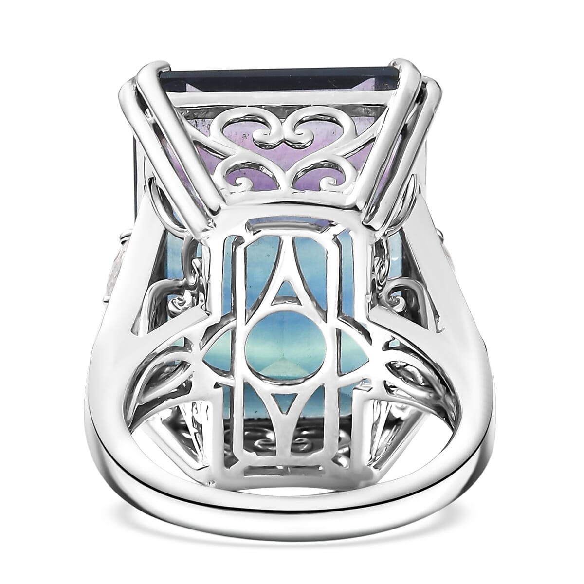 D'Joy Bi Color Fluorite and Moissanite 36.90 ctw Art Deco Ring in Rhodium Over Sterling Silver (Size 10.0) image number 4