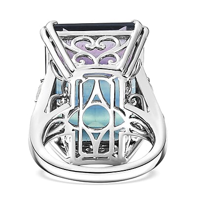 D'Joy Bi Color Fluorite and Moissanite 36.90 ctw Art Deco Ring in Rhodium Over Sterling Silver (Size 10.0)