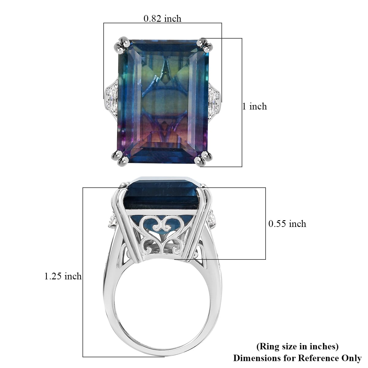 D'Joy Bi Color Fluorite and Moissanite 36.90 ctw Art Deco Ring in Rhodium Over Sterling Silver (Size 10.0) image number 5