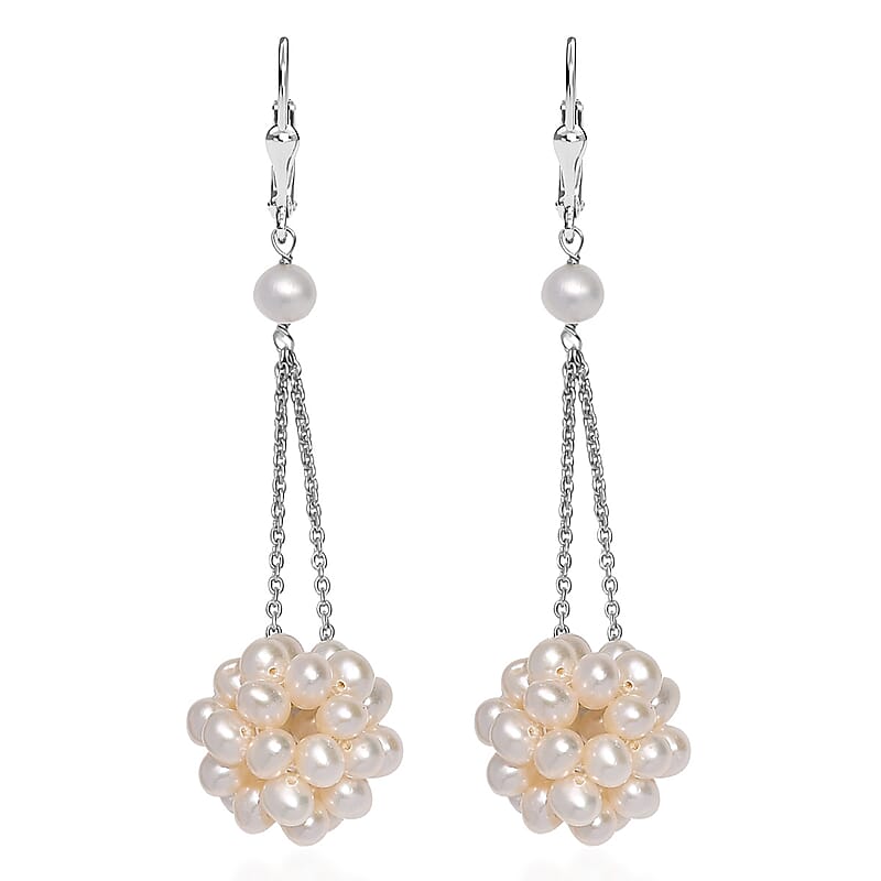 Freshwater Pearl Floral Earrings in Rhodium Over Sterling Silver