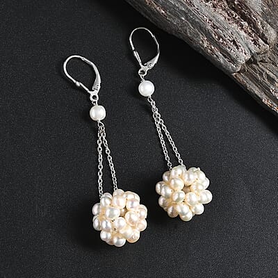 Freshwater Pearl Floral Earrings in Rhodium Over Sterling Silver
