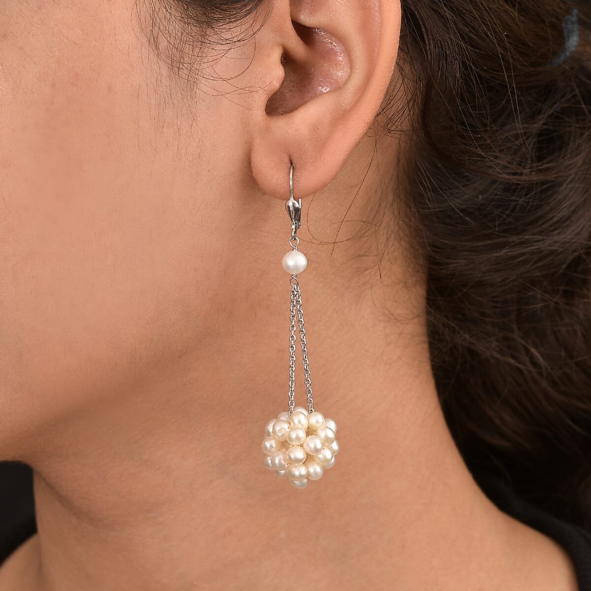 Freshwater Pearl Floral Earrings in Rhodium Over Sterling Silver image number 2