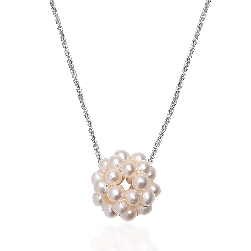 Freshwater Pearl Floral Necklace in Rhodium Over Sterling Silver 20 Inches
