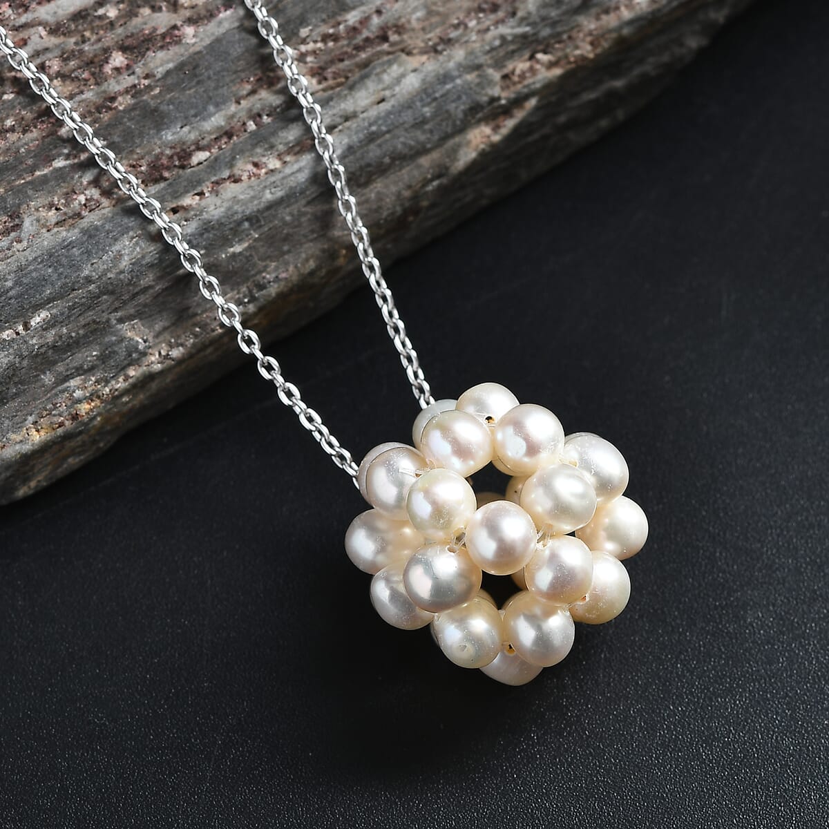 Freshwater Pearl Floral Necklace in Rhodium Over Sterling Silver 20 Inches image number 1