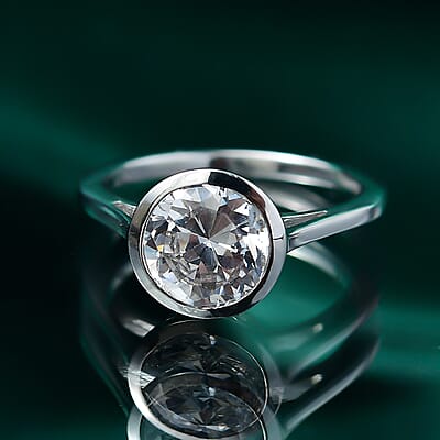 Simulated Diamond Solitaire Ring in Platinum Over Sterling Silver (Size 5.0)