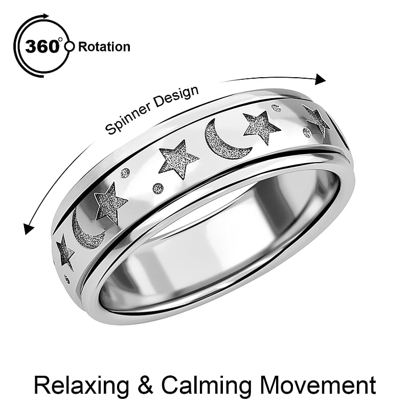 Moon Star Spinner Band Ring in Platinum Over Sterling Silver (Size 5.0) 4.20 Grams