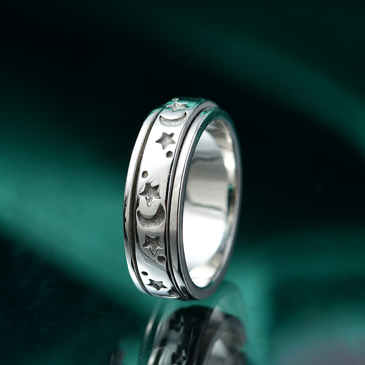 Moon Star Spinner Band Ring in Platinum Over Sterling Silver (Size 5.0) 4.20 Grams image number 1