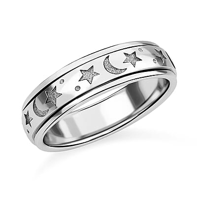 Moon Star Spinner Band Ring in Platinum Over Sterling Silver (Size 5.0) 4.20 Grams