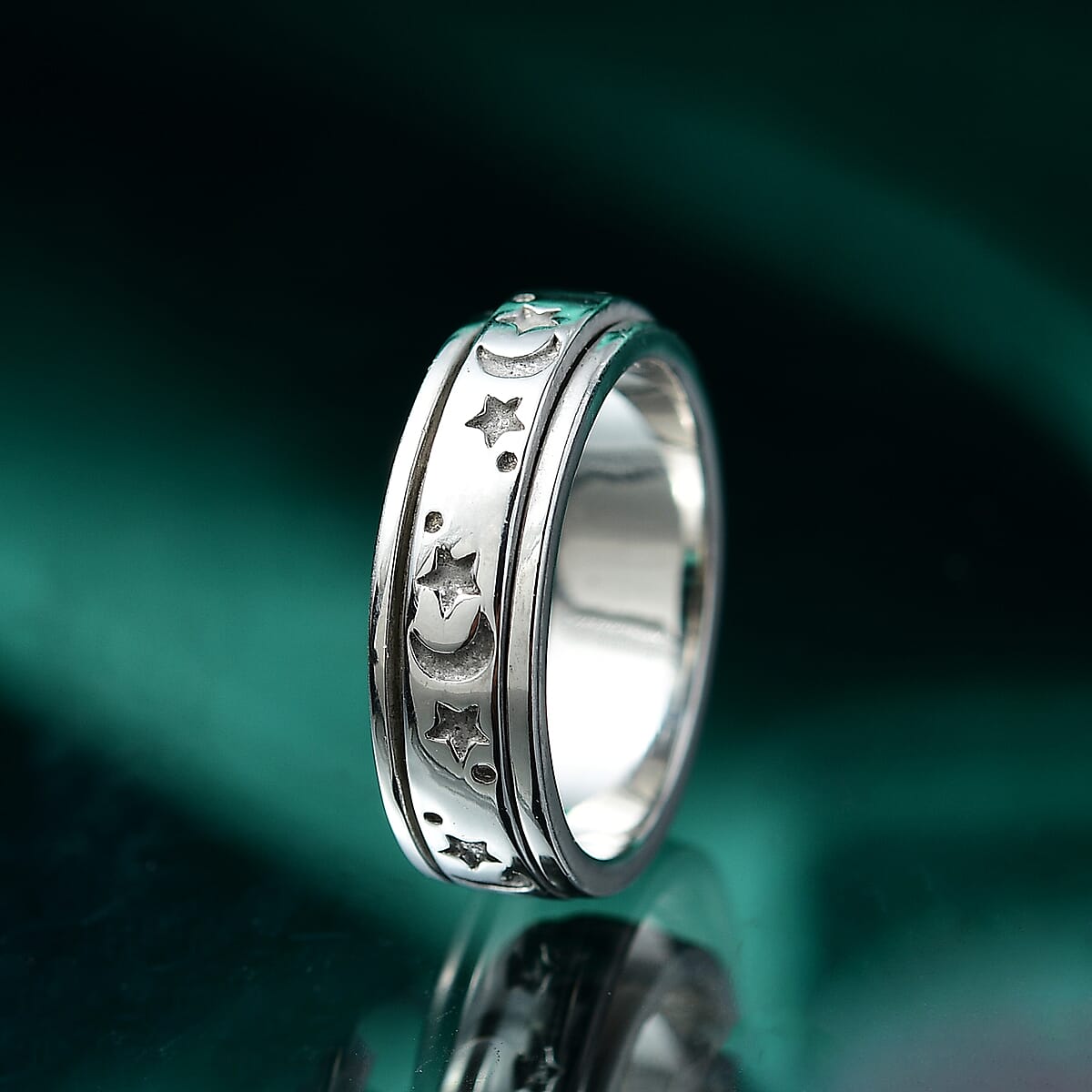 Moon Star Spinner Band Ring in Platinum Over Sterling Silver (Size 5.25) 4.20 Grams image number 1