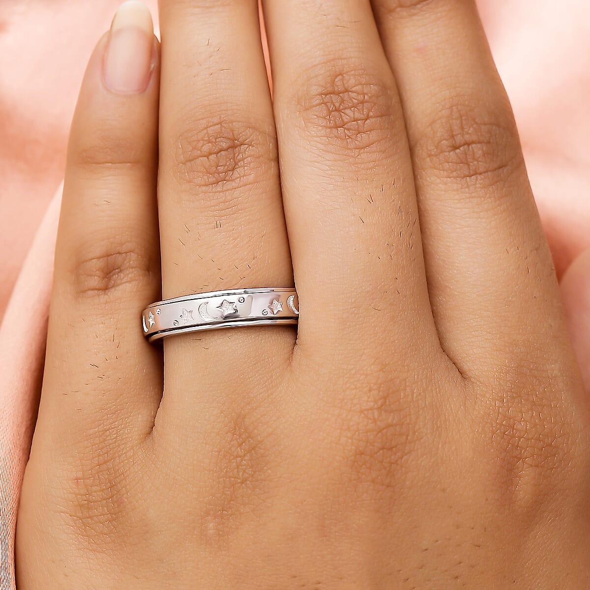 Moon Star Spinner Band Ring in Platinum Over Sterling Silver (Size 7.0) 4.20 Grams image number 2