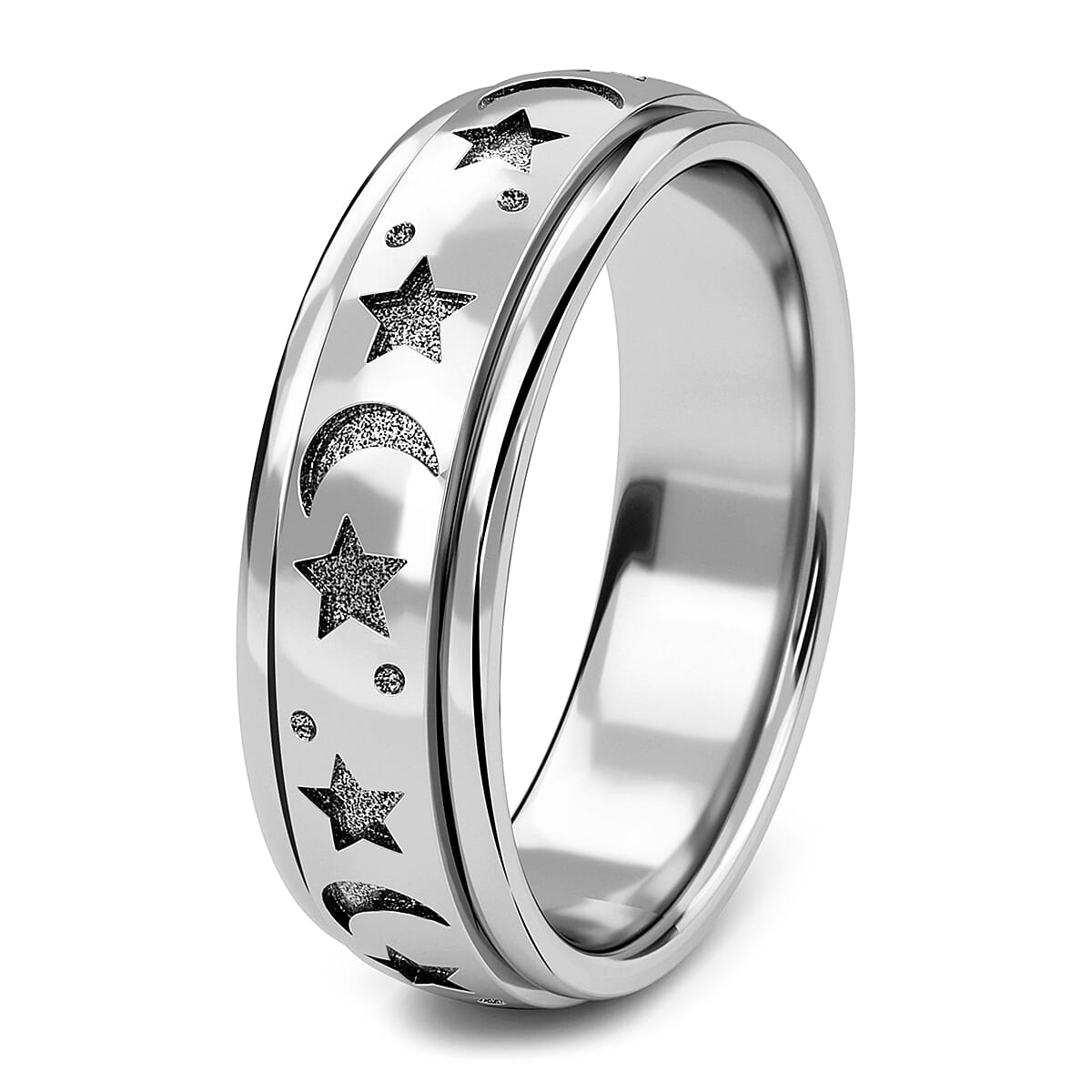 Moon Star Spinner Band Ring in Platinum Over Sterling Silver (Size 7.5) 4.20 Grams image number 4