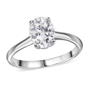 Simulated Diamond Solitaire Ring in Platinum Over Sterling Silver (Size 5.0)