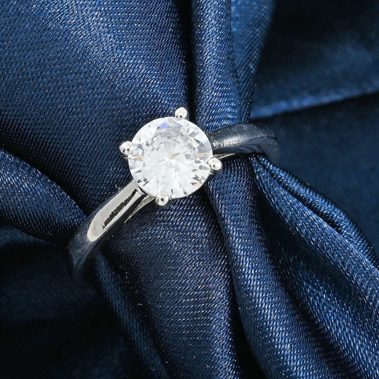 Simulated Diamond Ring in Platinum Over Sterling Silver (Size 5.0)
