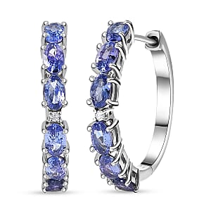 D'Joy Tanzanite and Lab Grown Diamond I1 2.80 ctw Hoop Earrings in Rhodium Over Sterling Silver