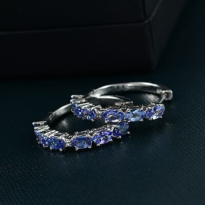 D'Joy Tanzanite and Lab Grown Diamond I1 2.80 ctw Hoop Earrings in Rhodium Over Sterling Silver